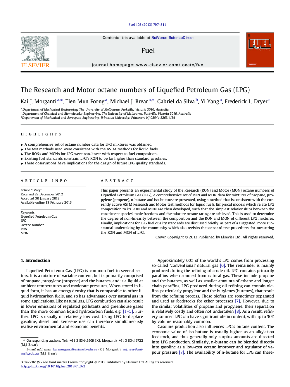 The Research and Motor octane numbers of Liquefied Petroleum Gas (LPG)