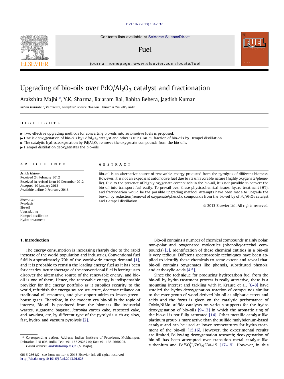 Upgrading of bio-oils over PdO/Al2O3 catalyst and fractionation