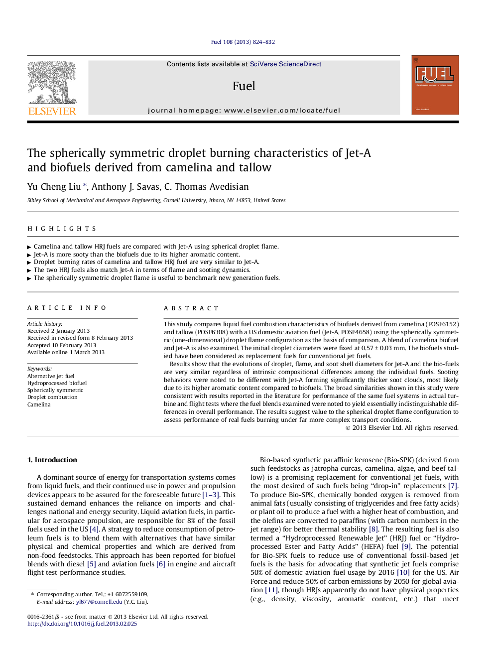 The spherically symmetric droplet burning characteristics of Jet-A and biofuels derived from camelina and tallow