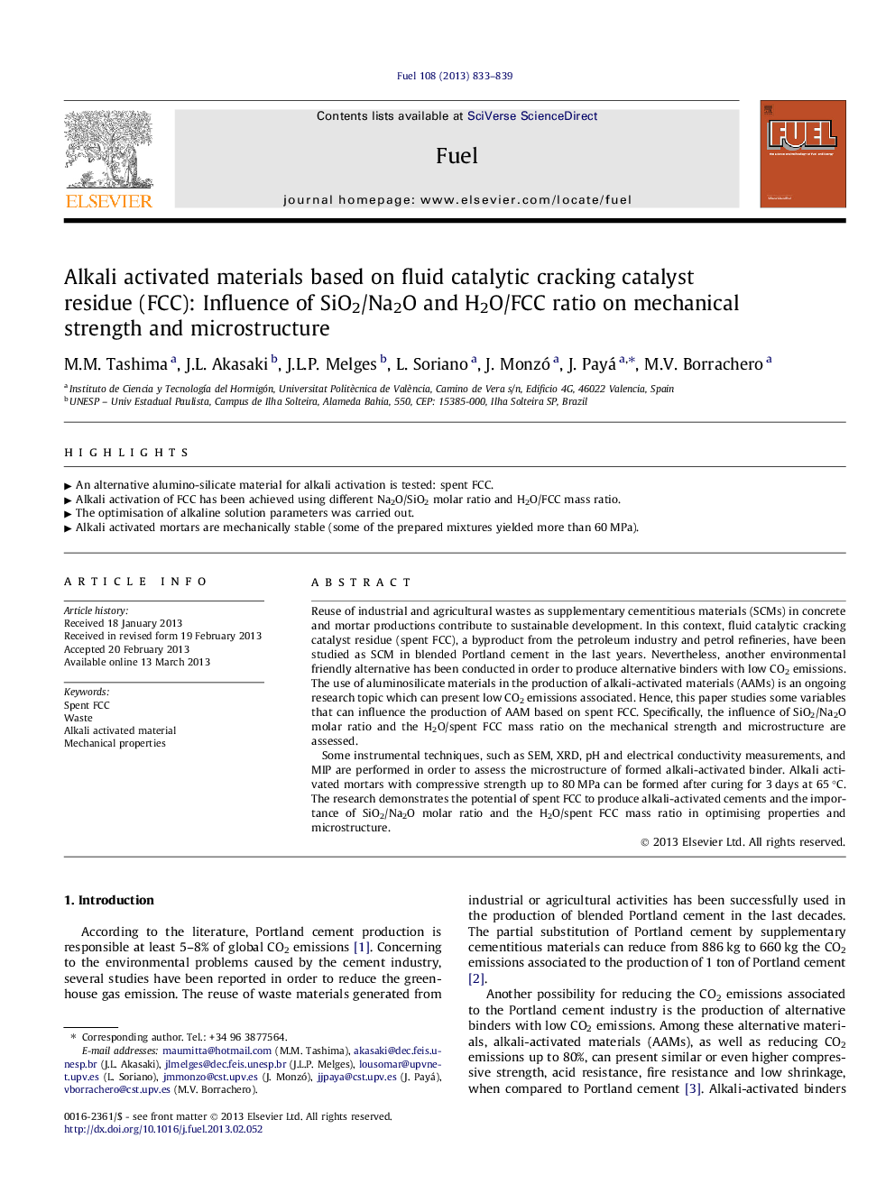 Alkali activated materials based on fluid catalytic cracking catalyst residue (FCC): Influence of SiO2/Na2O and H2O/FCC ratio on mechanical strength and microstructure