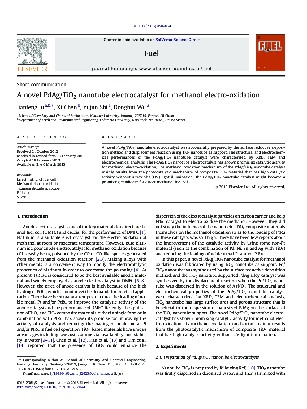 A novel PdAg/TiO2 nanotube electrocatalyst for methanol electro-oxidation