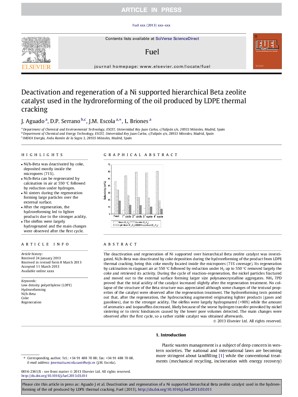 Deactivation and regeneration of a Ni supported hierarchical Beta zeolite catalyst used in the hydroreforming of the oil produced by LDPE thermal cracking