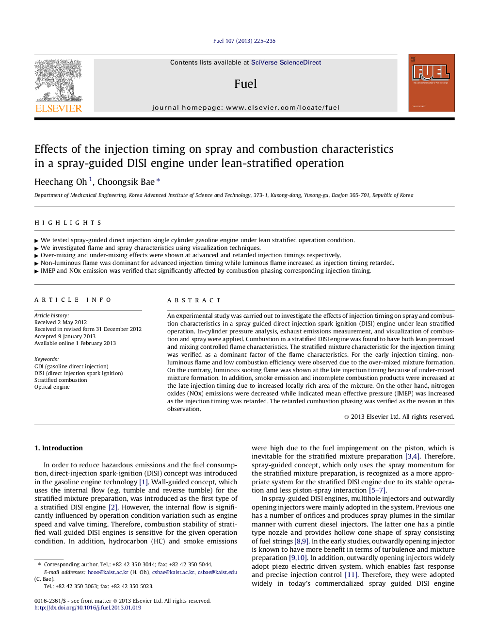 Effects of the injection timing on spray and combustion characteristics in a spray-guided DISI engine under lean-stratified operation