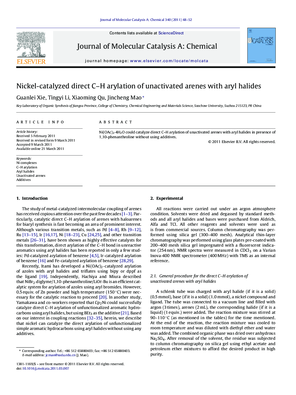 Nickel-catalyzed direct C–H arylation of unactivated arenes with aryl halides