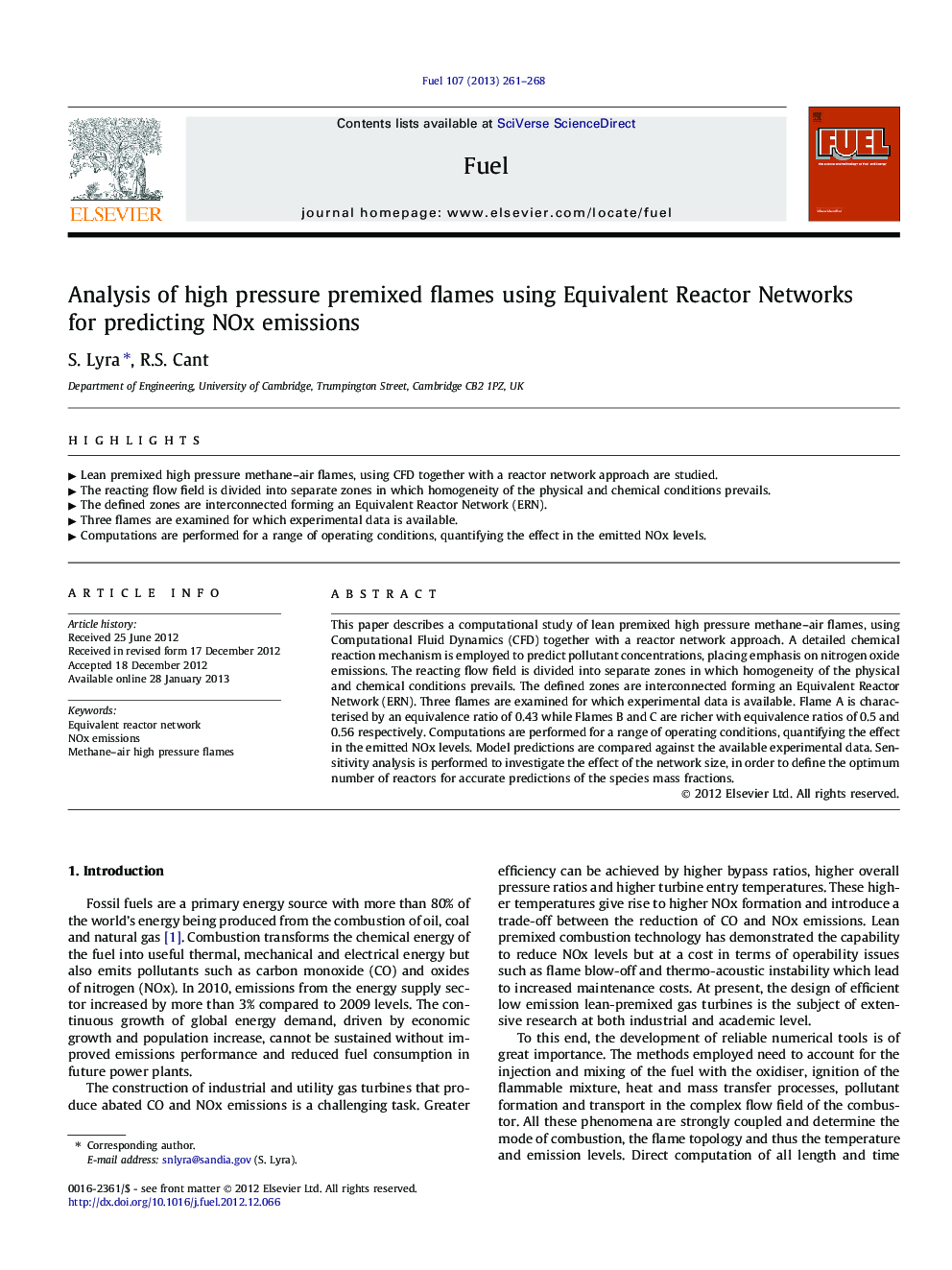 Analysis of high pressure premixed flames using Equivalent Reactor Networks for predicting NOx emissions