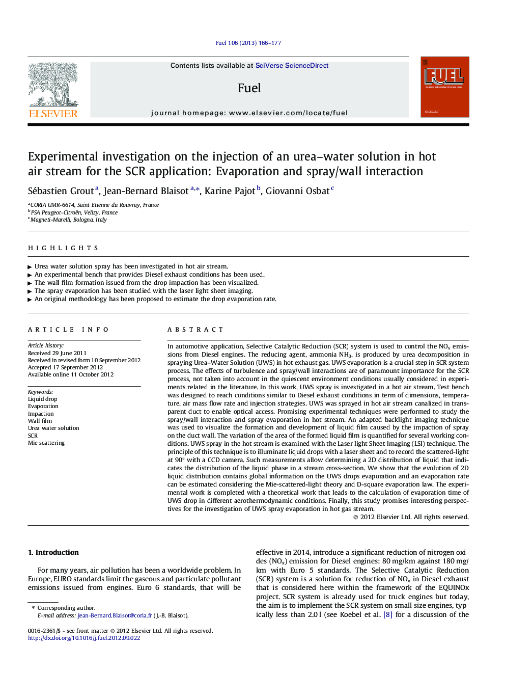 Experimental investigation on the injection of an urea-water solution in hot air stream for the SCR application: Evaporation and spray/wall interaction