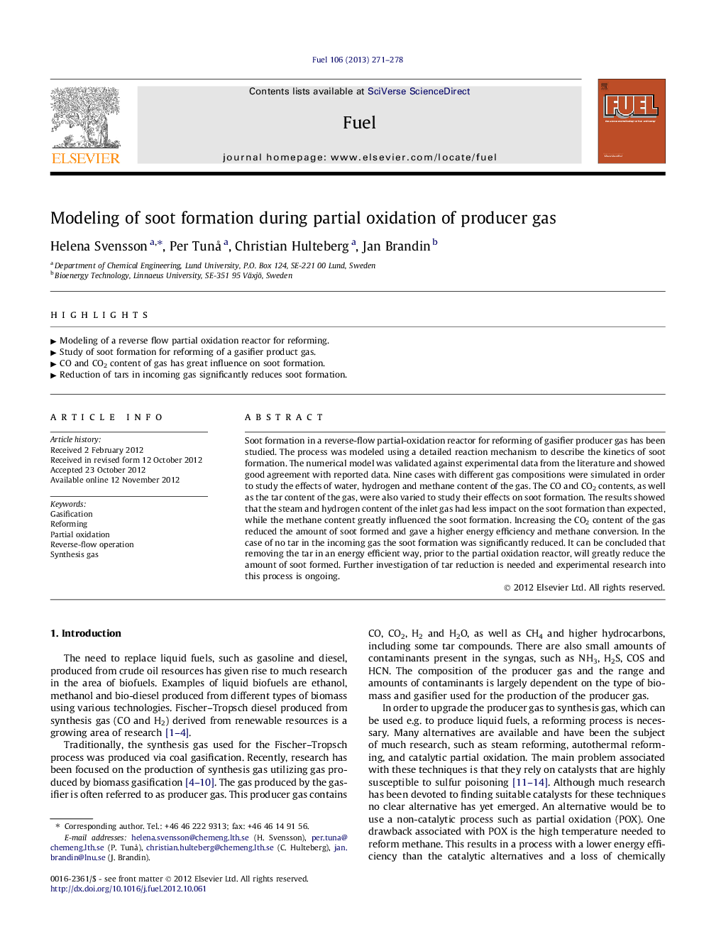 Modeling of soot formation during partial oxidation of producer gas