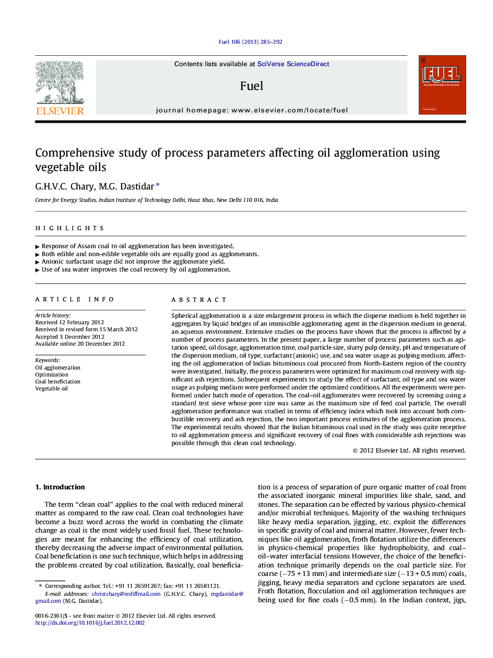 Comprehensive study of process parameters affecting oil agglomeration using vegetable oils