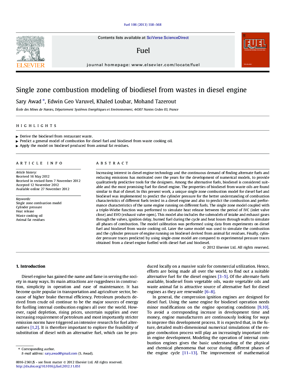 Single zone combustion modeling of biodiesel from wastes in diesel engine