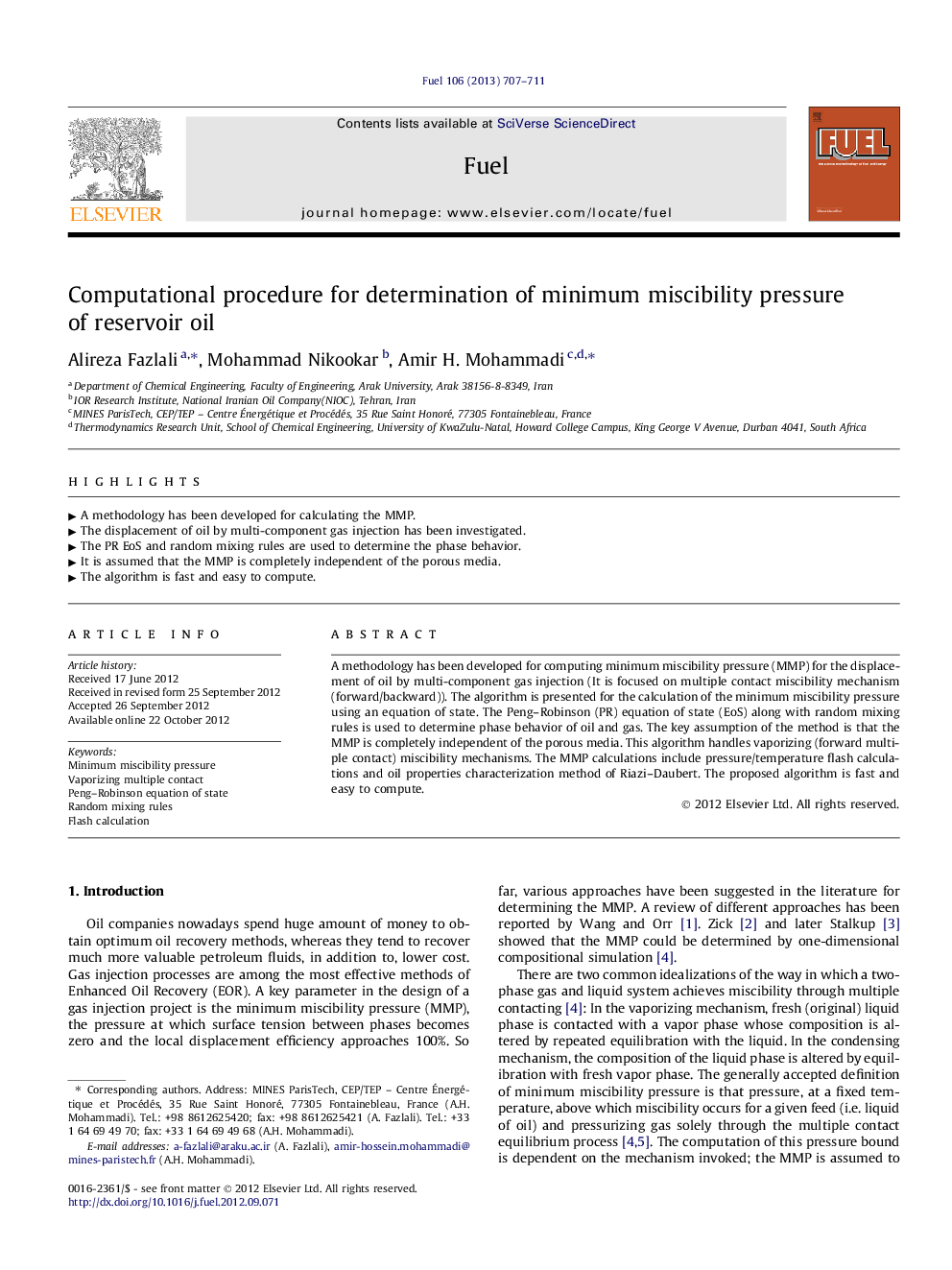 Computational procedure for determination of minimum miscibility pressure of reservoir oil