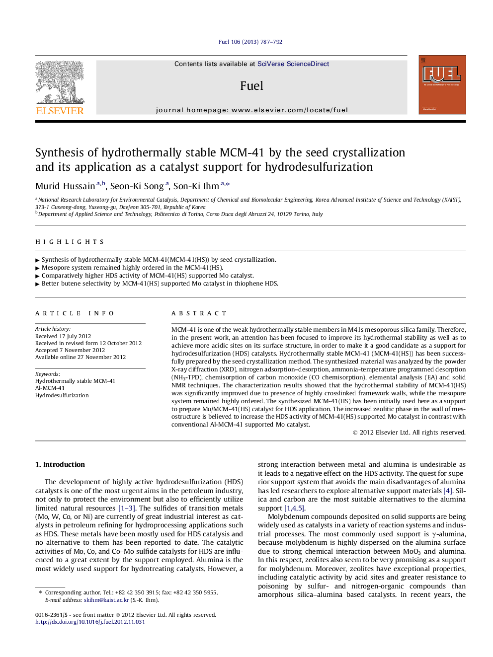 Synthesis of hydrothermally stable MCM-41 by the seed crystallization and its application as a catalyst support for hydrodesulfurization