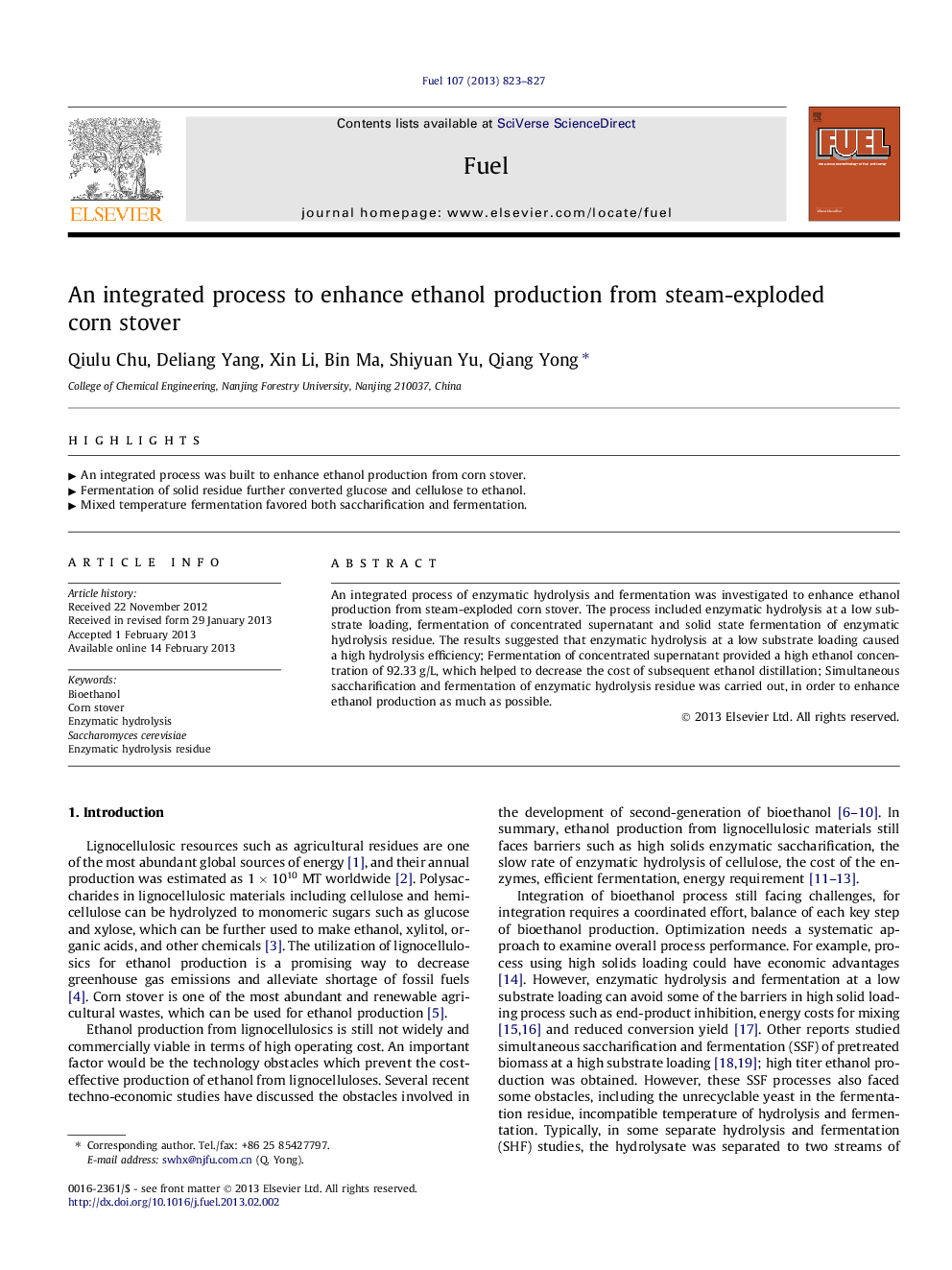 An integrated process to enhance ethanol production from steam-exploded corn stover