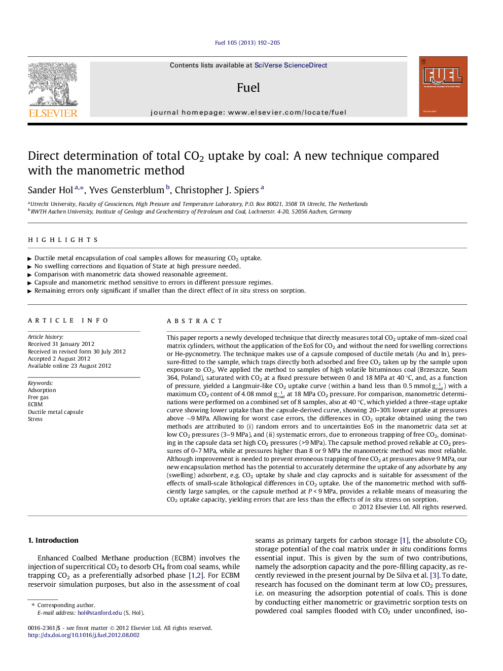 Direct determination of total CO2 uptake by coal: A new technique compared with the manometric method