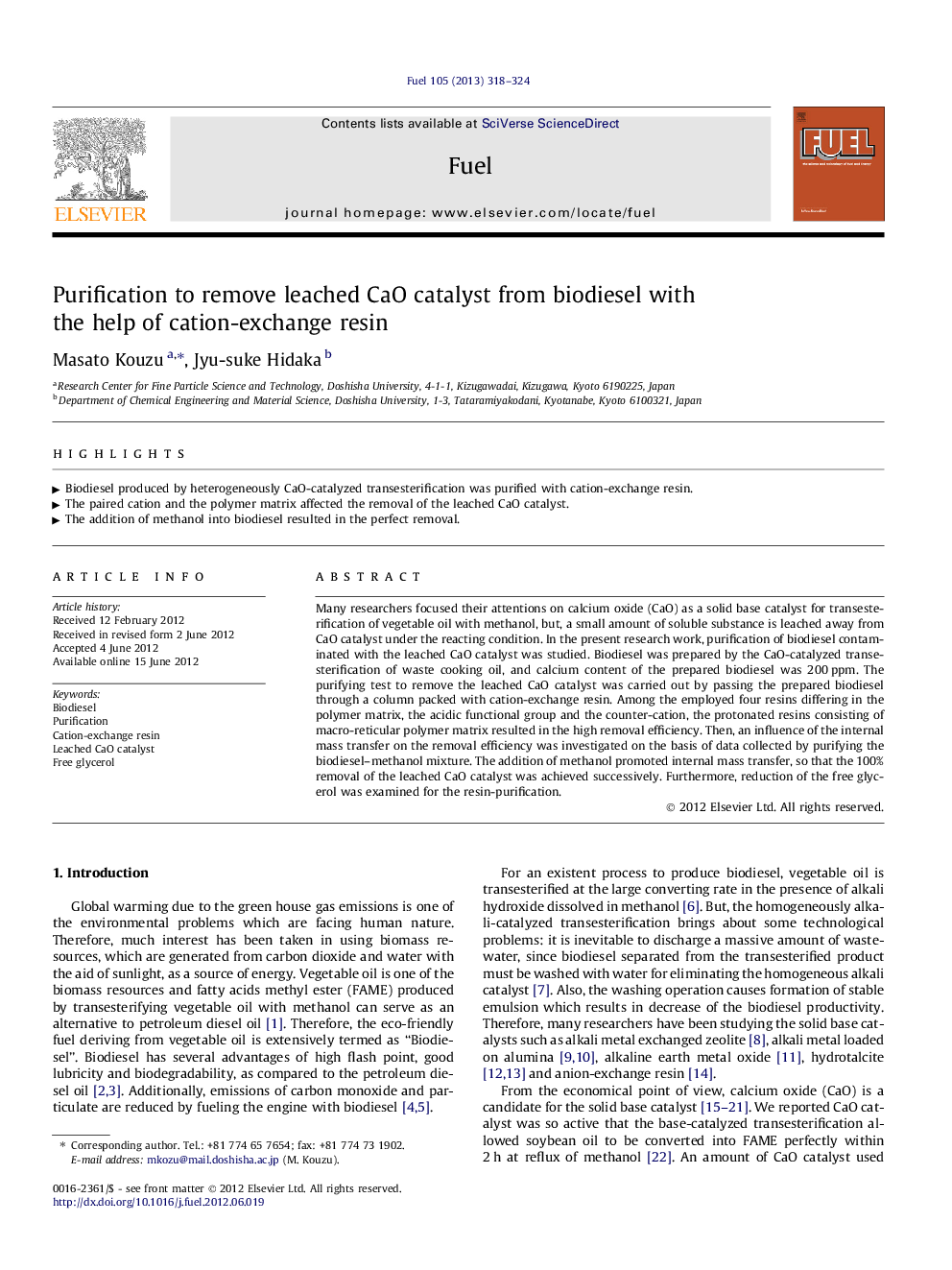 Purification to remove leached CaO catalyst from biodiesel with the help of cation-exchange resin