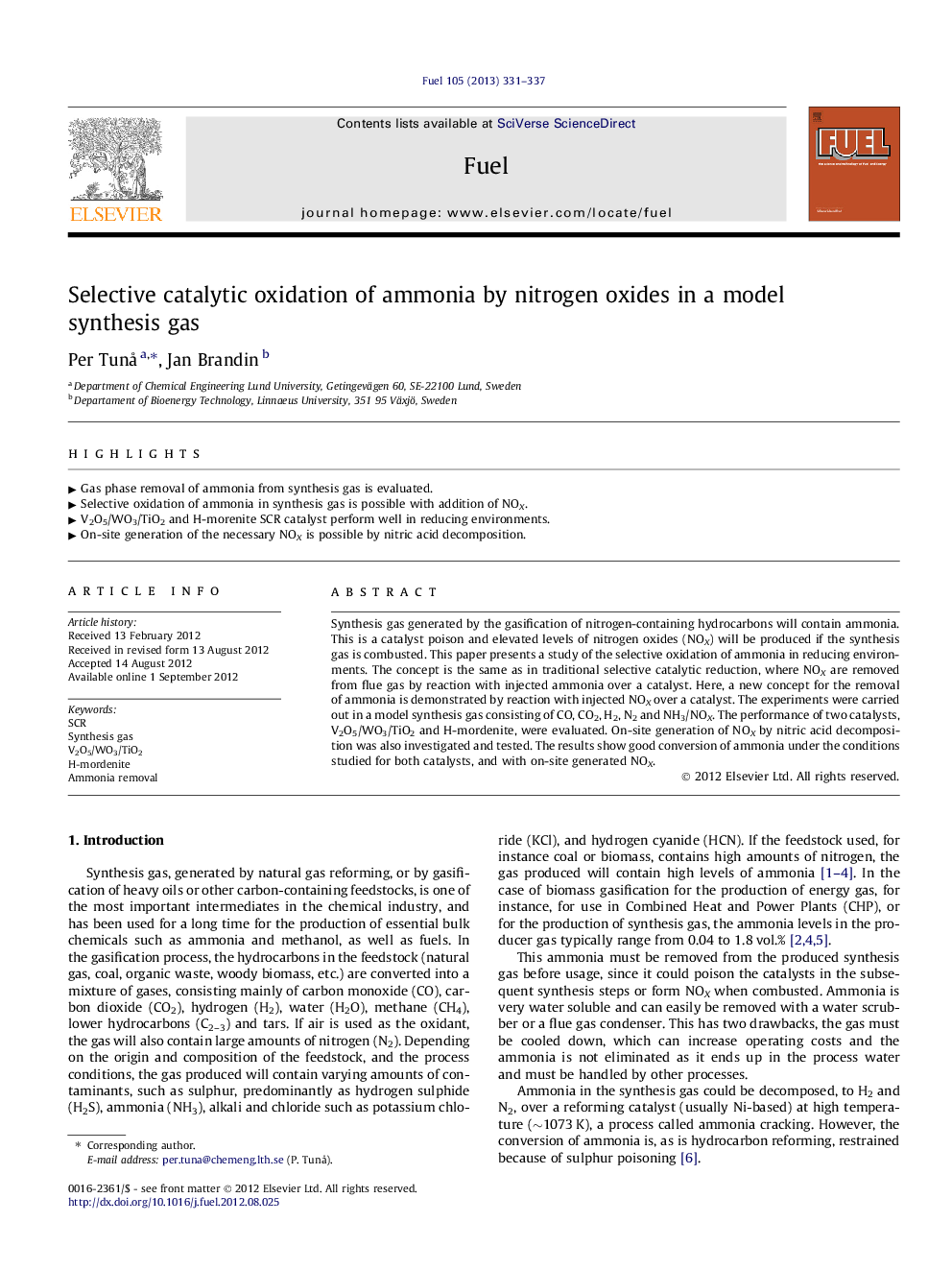 Selective catalytic oxidation of ammonia by nitrogen oxides in a model synthesis gas