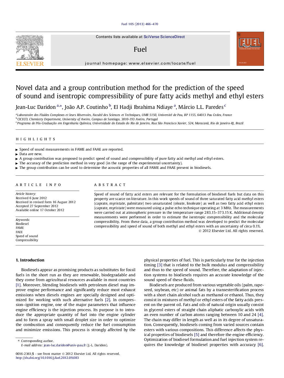 Novel data and a group contribution method for the prediction of the speed of sound and isentropic compressibility of pure fatty acids methyl and ethyl esters