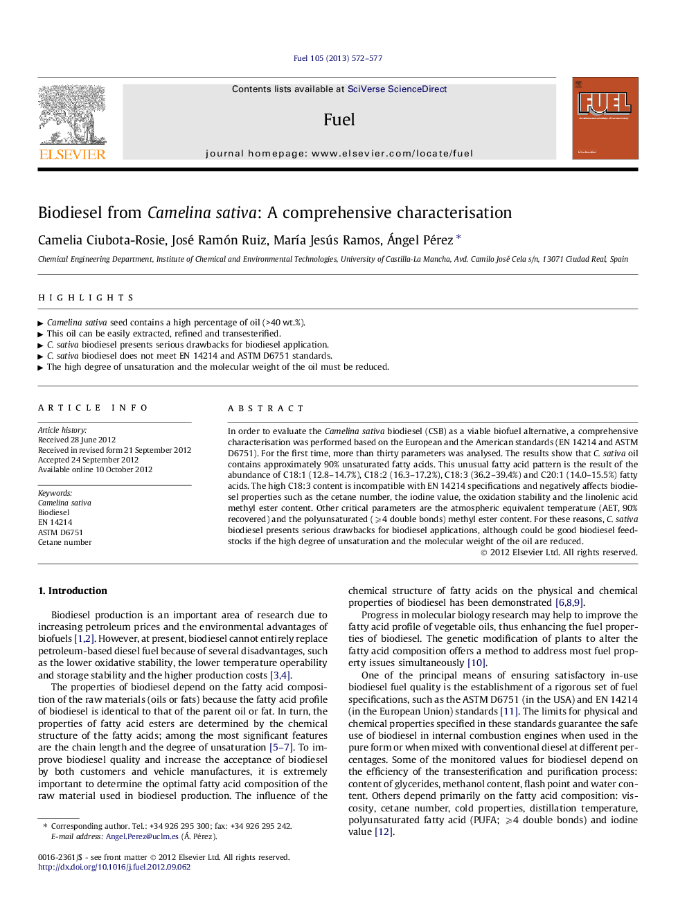 Biodiesel from Camelina sativa: A comprehensive characterisation