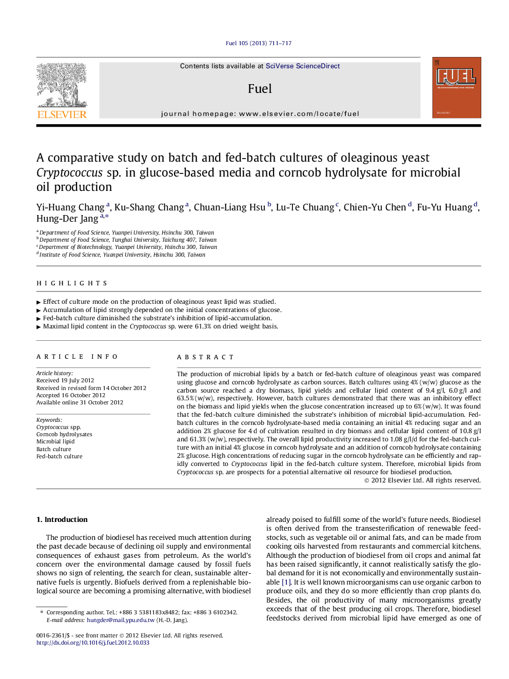 A comparative study on batch and fed-batch cultures of oleaginous yeast Cryptococcus sp. in glucose-based media and corncob hydrolysate for microbial oil production