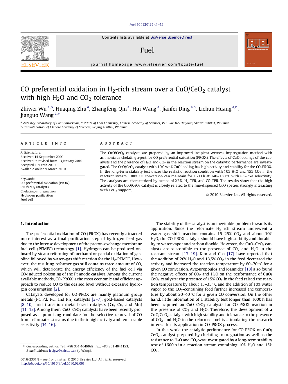 CO preferential oxidation in H2-rich stream over a CuO/CeO2 catalyst with high H2O and CO2 tolerance