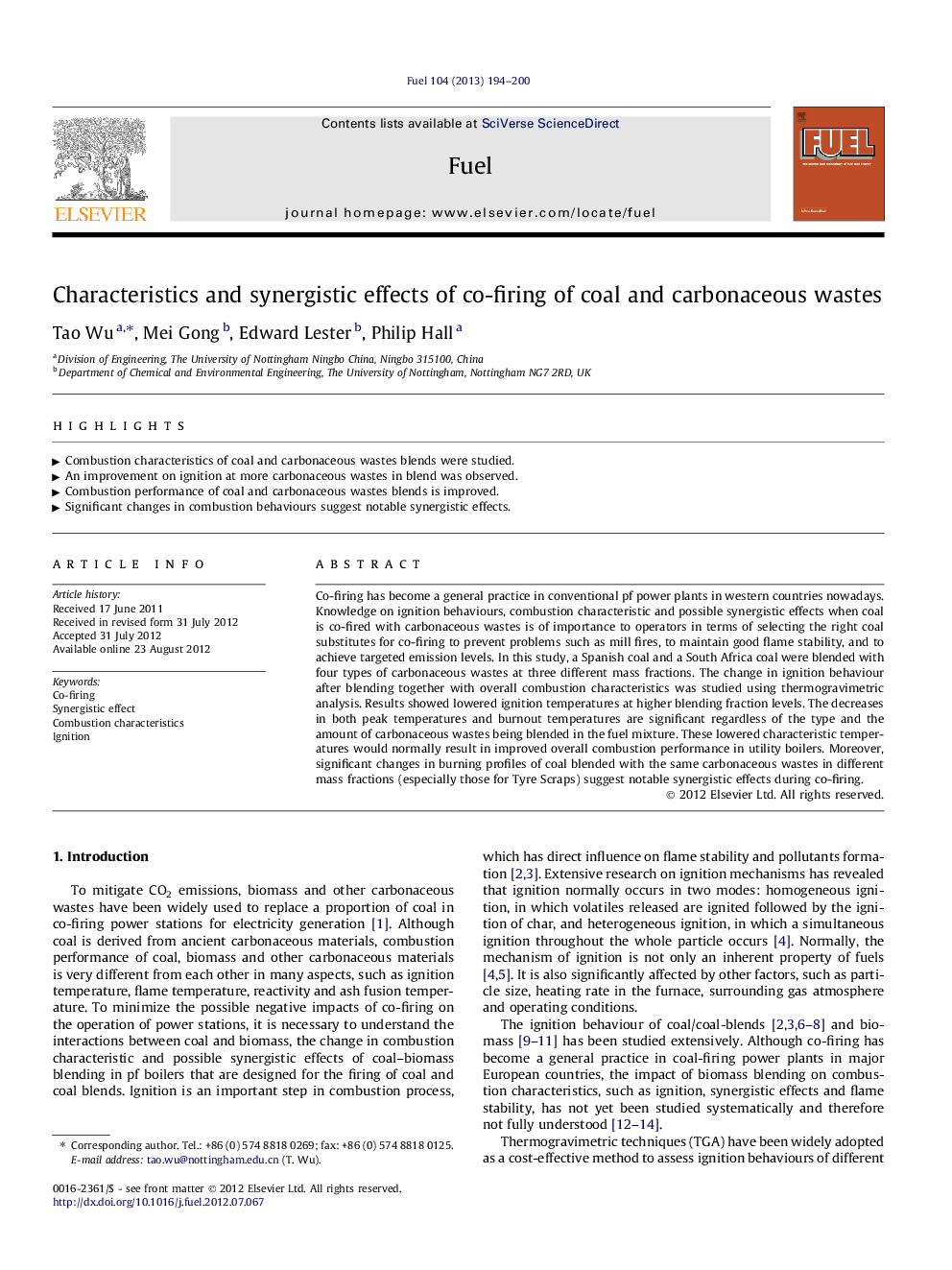 Characteristics and synergistic effects of co-firing of coal and carbonaceous wastes