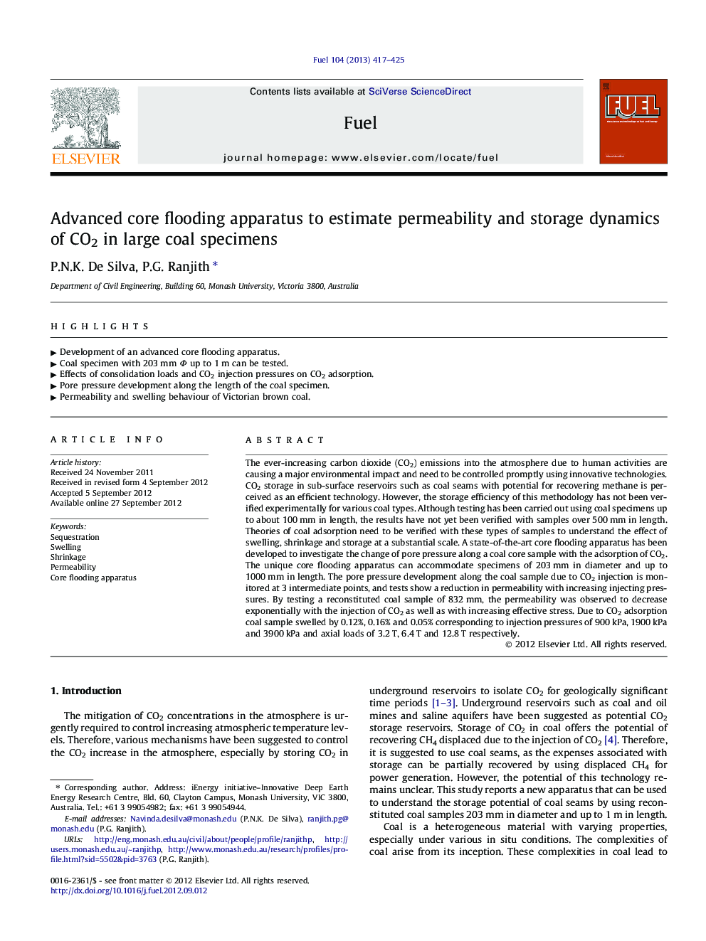 Advanced core flooding apparatus to estimate permeability and storage dynamics of CO2 in large coal specimens