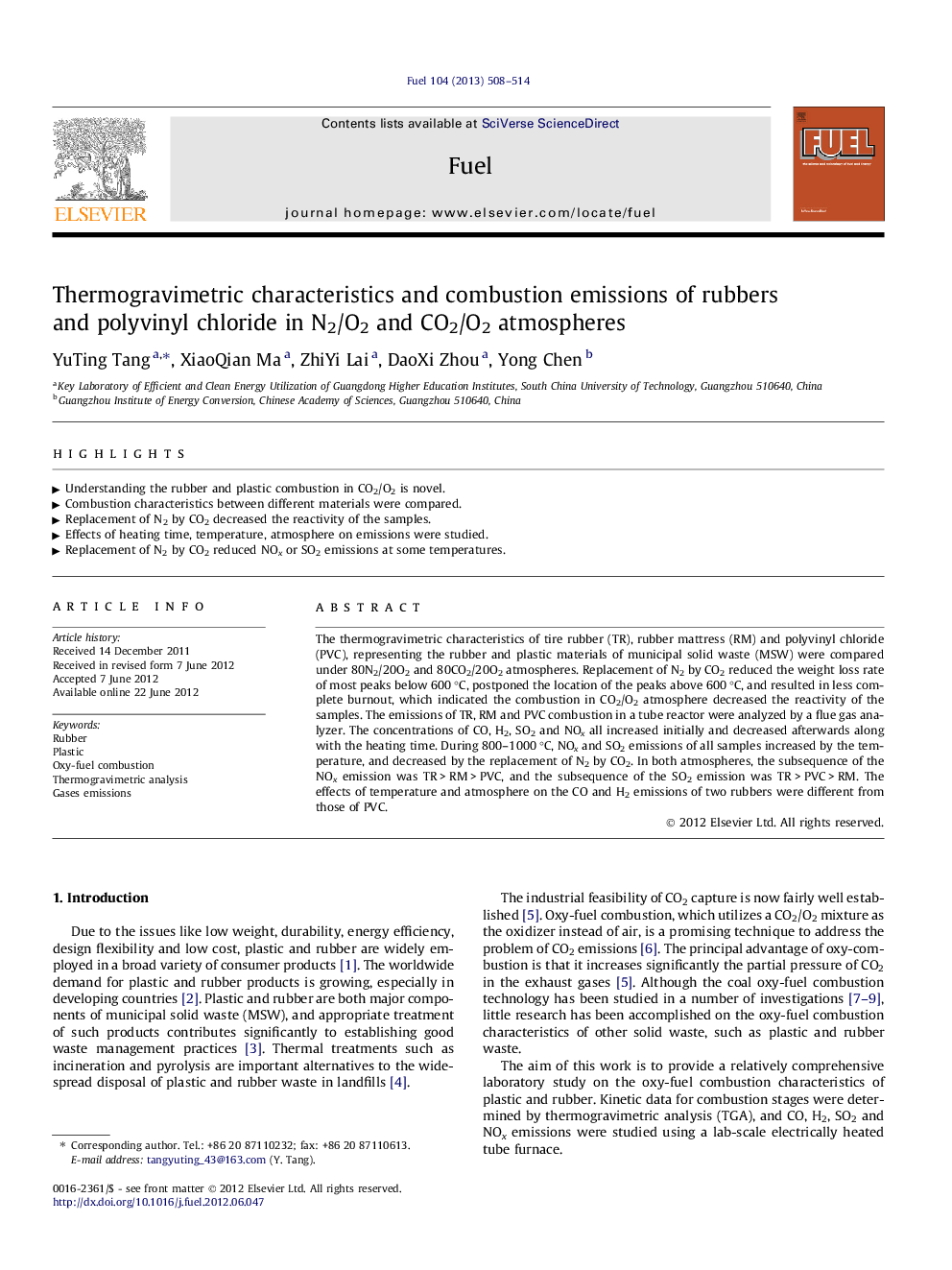 Thermogravimetric characteristics and combustion emissions of rubbers and polyvinyl chloride in N2/O2 and CO2/O2 atmospheres