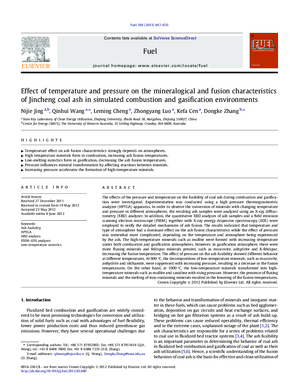 Effect of temperature and pressure on the mineralogical and fusion characteristics of Jincheng coal ash in simulated combustion and gasification environments