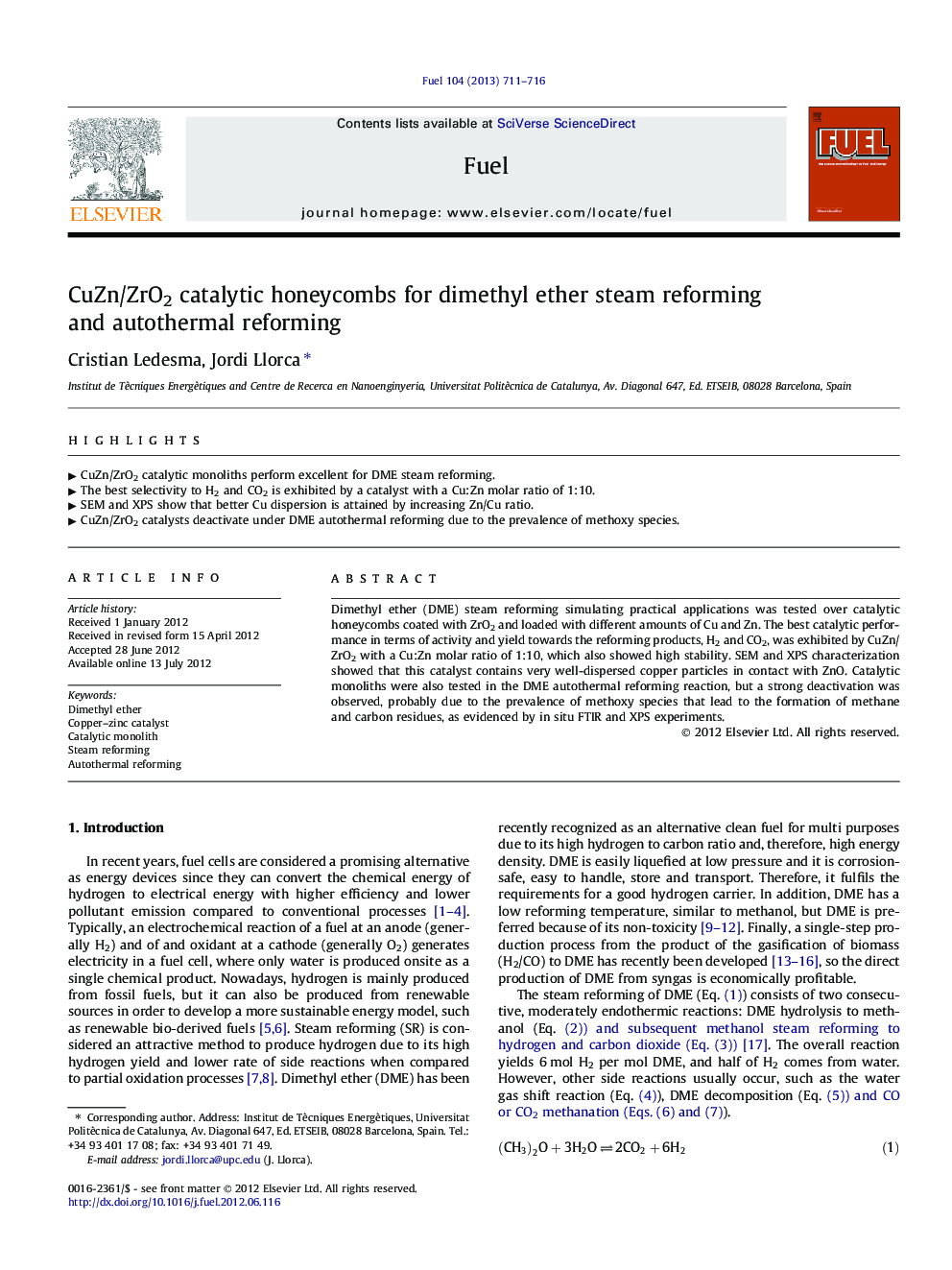 CuZn/ZrO2 catalytic honeycombs for dimethyl ether steam reforming and autothermal reforming