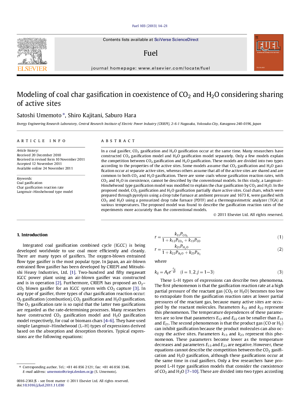 Modeling of coal char gasification in coexistence of CO2 and H2O considering sharing of active sites