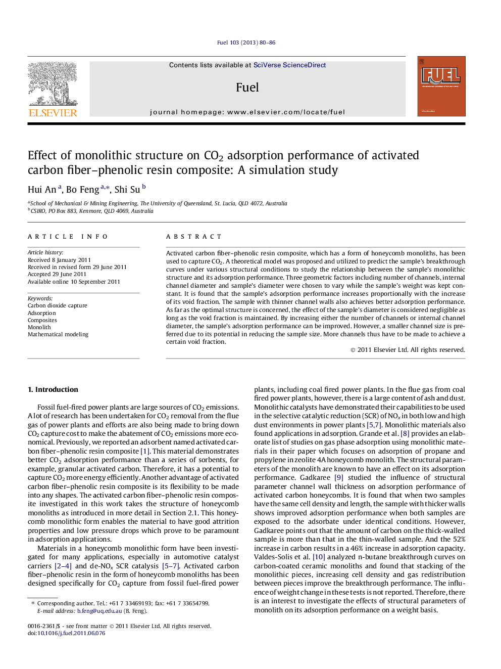 Effect of monolithic structure on CO2 adsorption performance of activated carbon fiber-phenolic resin composite: A simulation study