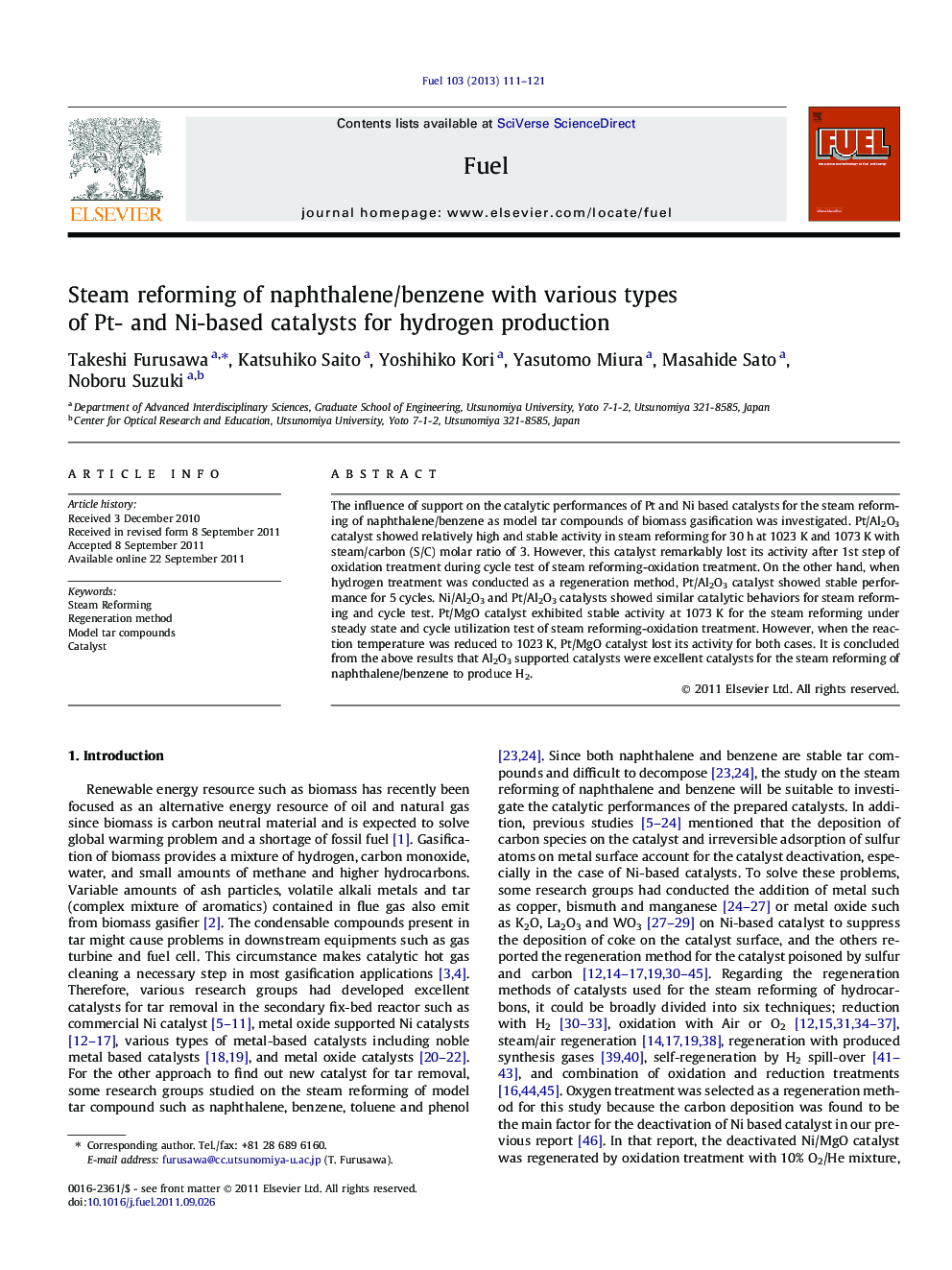 Steam reforming of naphthalene/benzene with various types of Pt- and Ni-based catalysts for hydrogen production