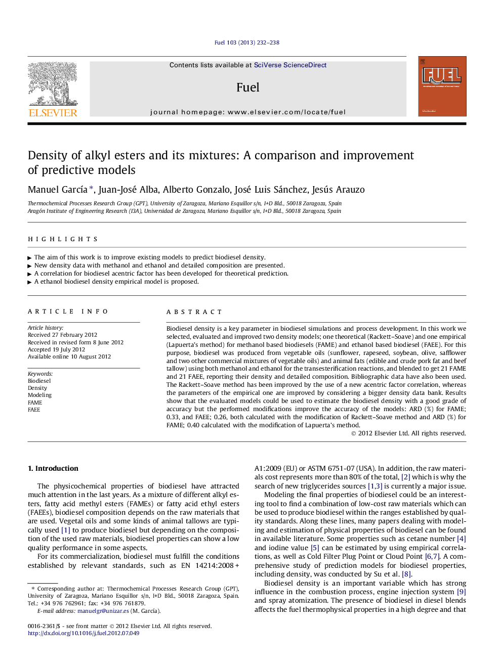 Density of alkyl esters and its mixtures: A comparison and improvement of predictive models