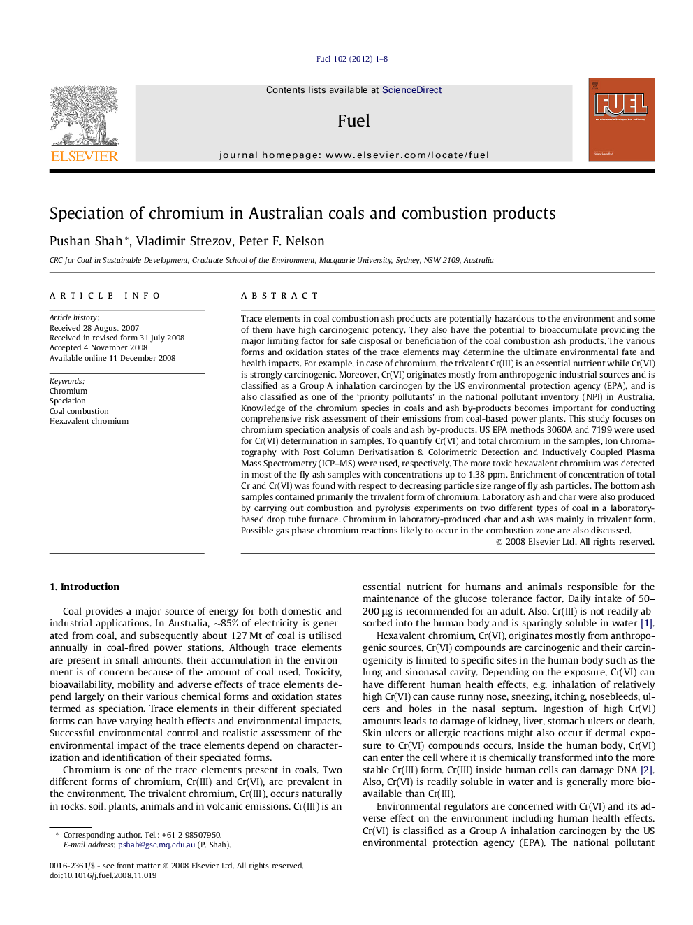 Speciation of chromium in Australian coals and combustion products