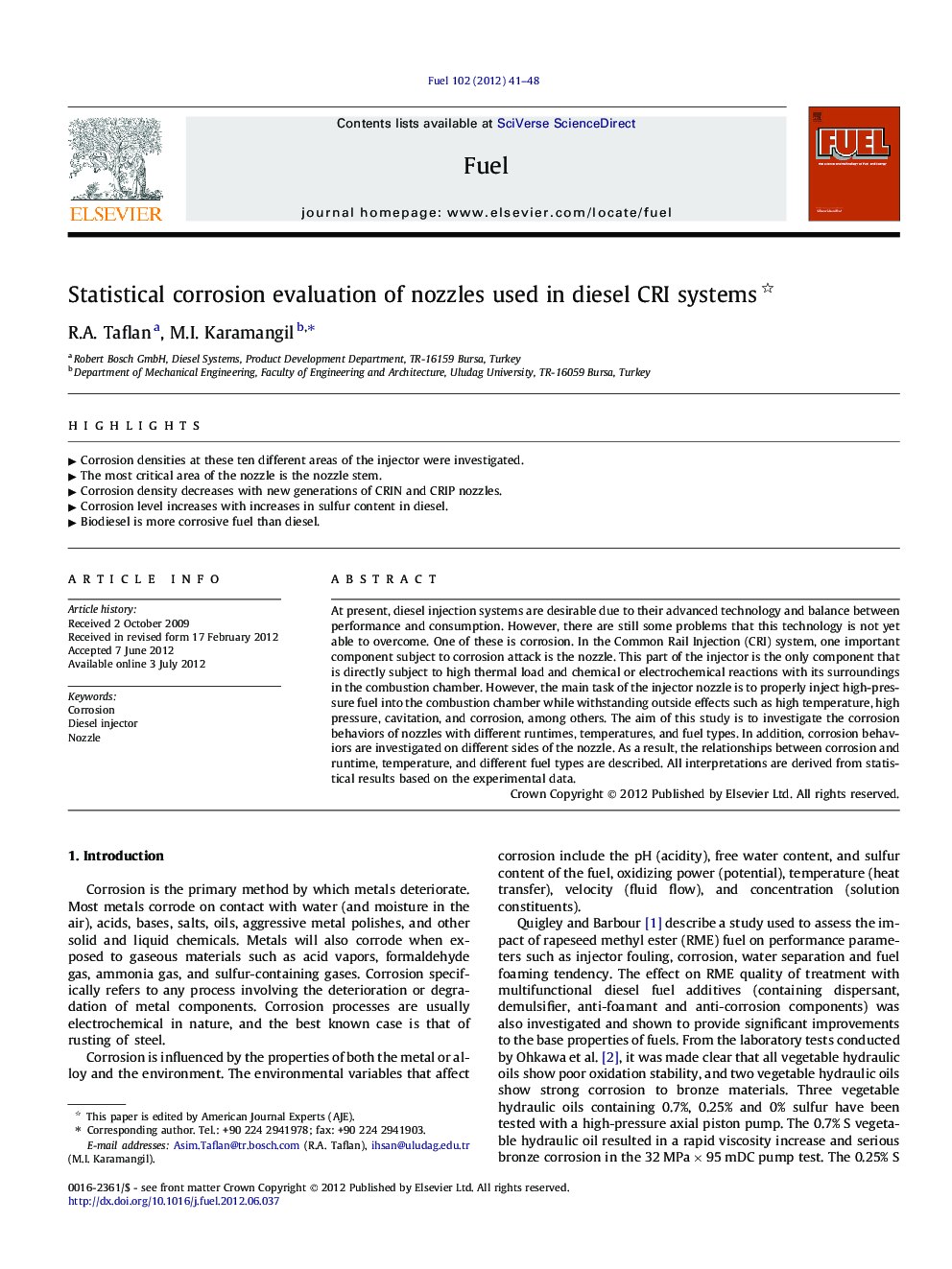 Statistical corrosion evaluation of nozzles used in diesel CRI systems