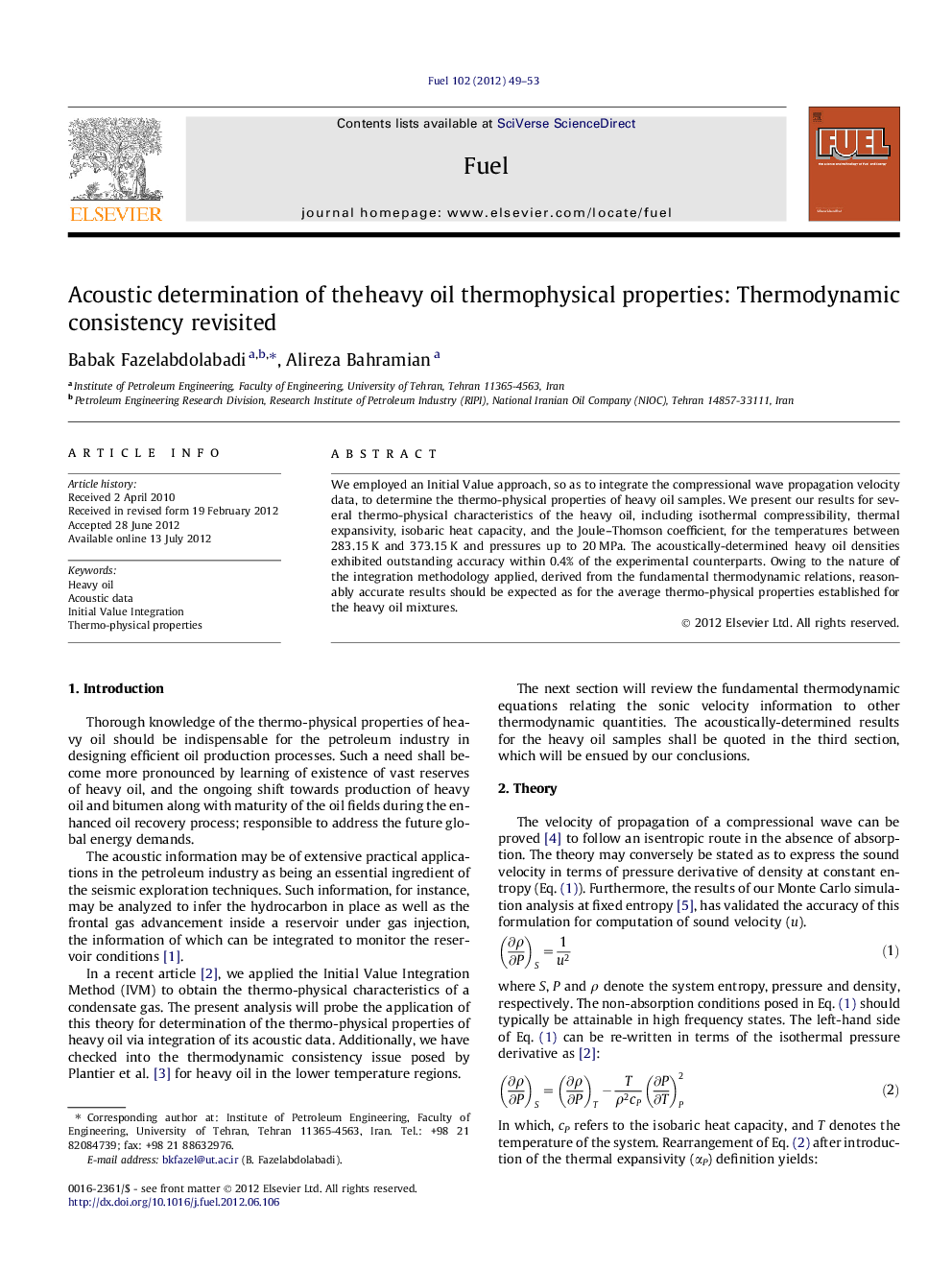 Acoustic determination of the heavy oil thermophysical properties: Thermodynamic consistency revisited