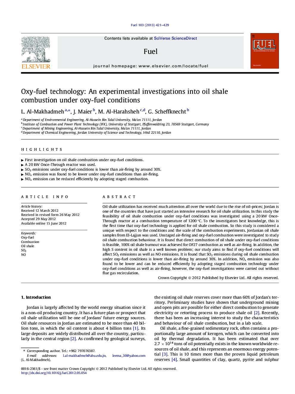 Oxy-fuel technology: An experimental investigations into oil shale combustion under oxy-fuel conditions