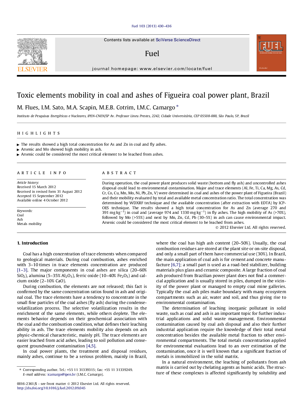 Toxic elements mobility in coal and ashes of Figueira coal power plant, Brazil