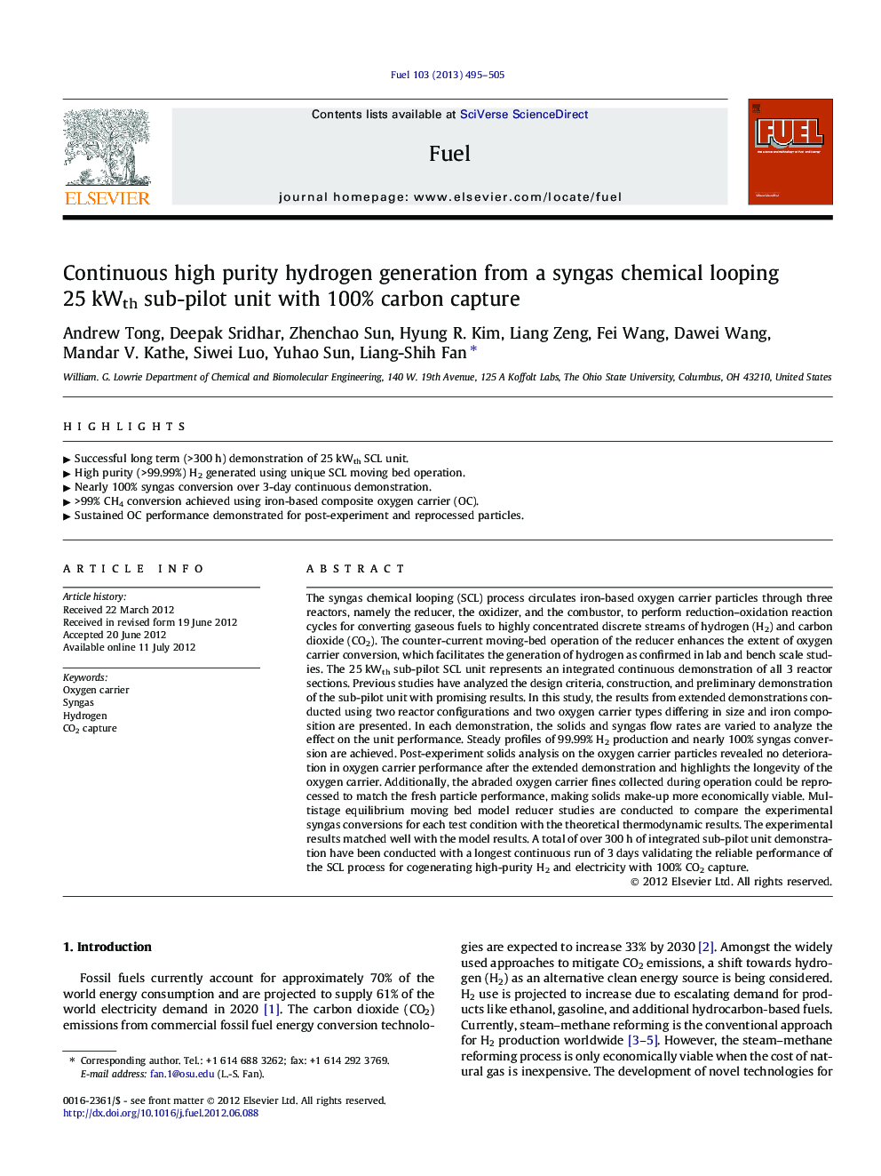 Continuous high purity hydrogen generation from a syngas chemical looping 25Â kWth sub-pilot unit with 100% carbon capture