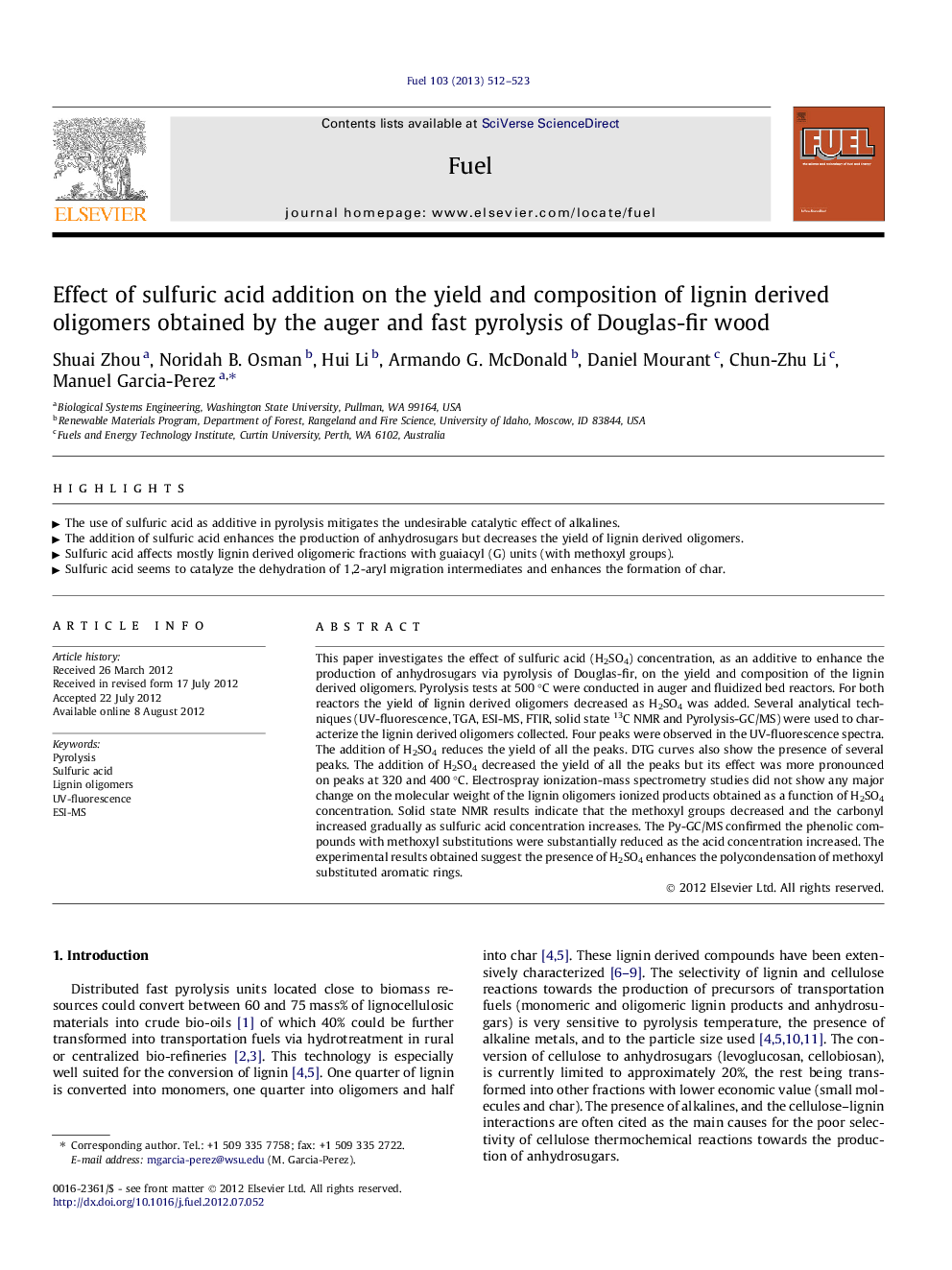 Effect of sulfuric acid addition on the yield and composition of lignin derived oligomers obtained by the auger and fast pyrolysis of Douglas-fir wood