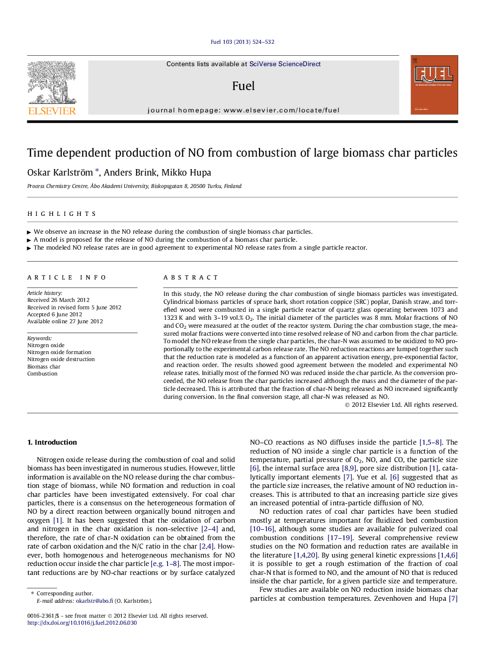 Time dependent production of NO from combustion of large biomass char particles