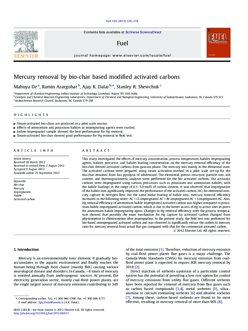 Mercury removal by bio-char based modified activated carbons