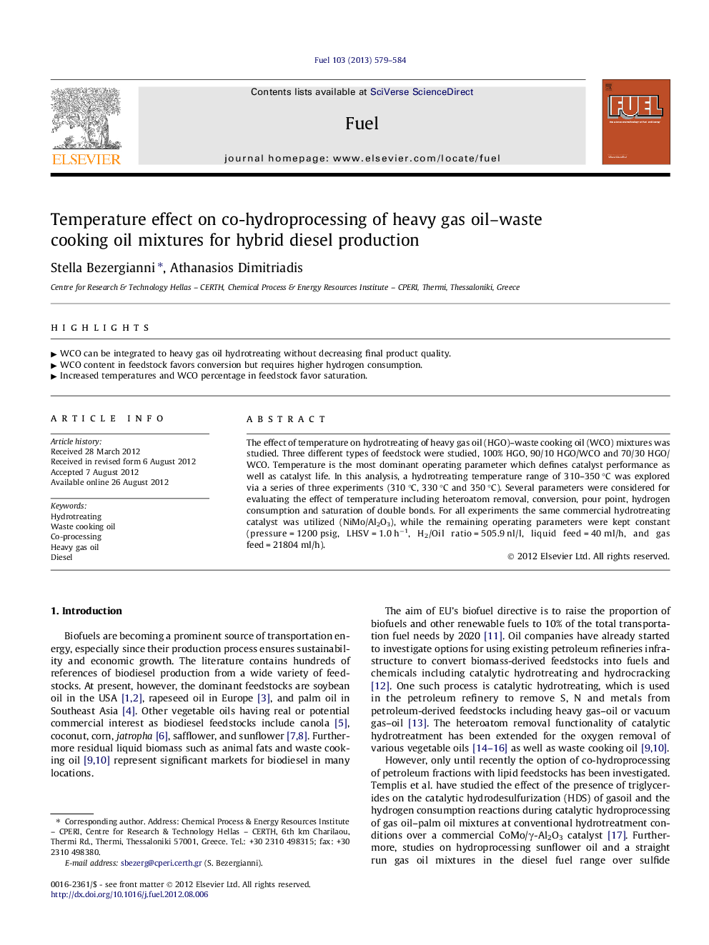 Temperature effect on co-hydroprocessing of heavy gas oil-waste cooking oil mixtures for hybrid diesel production