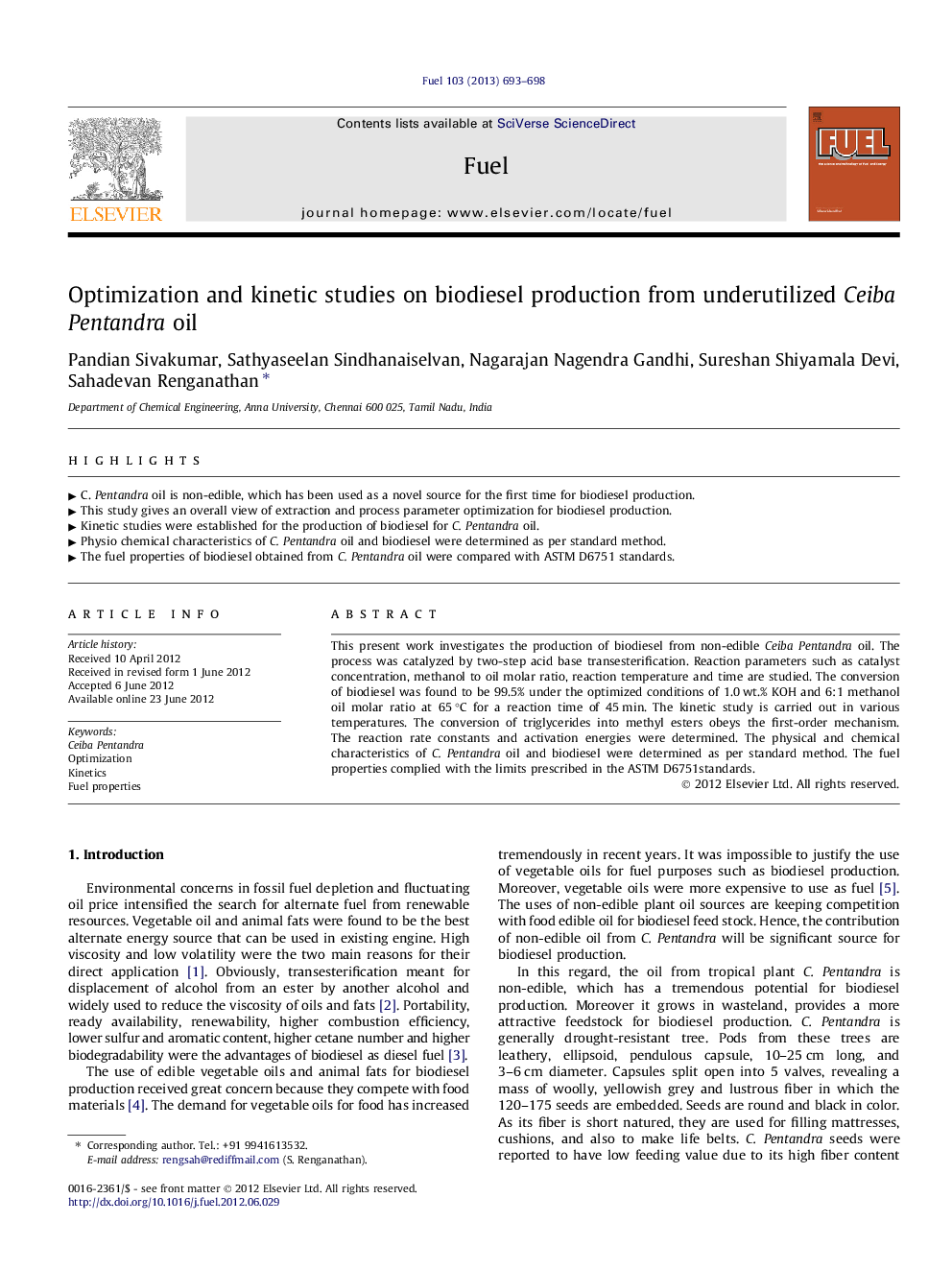 Optimization and kinetic studies on biodiesel production from underutilized Ceiba Pentandra oil