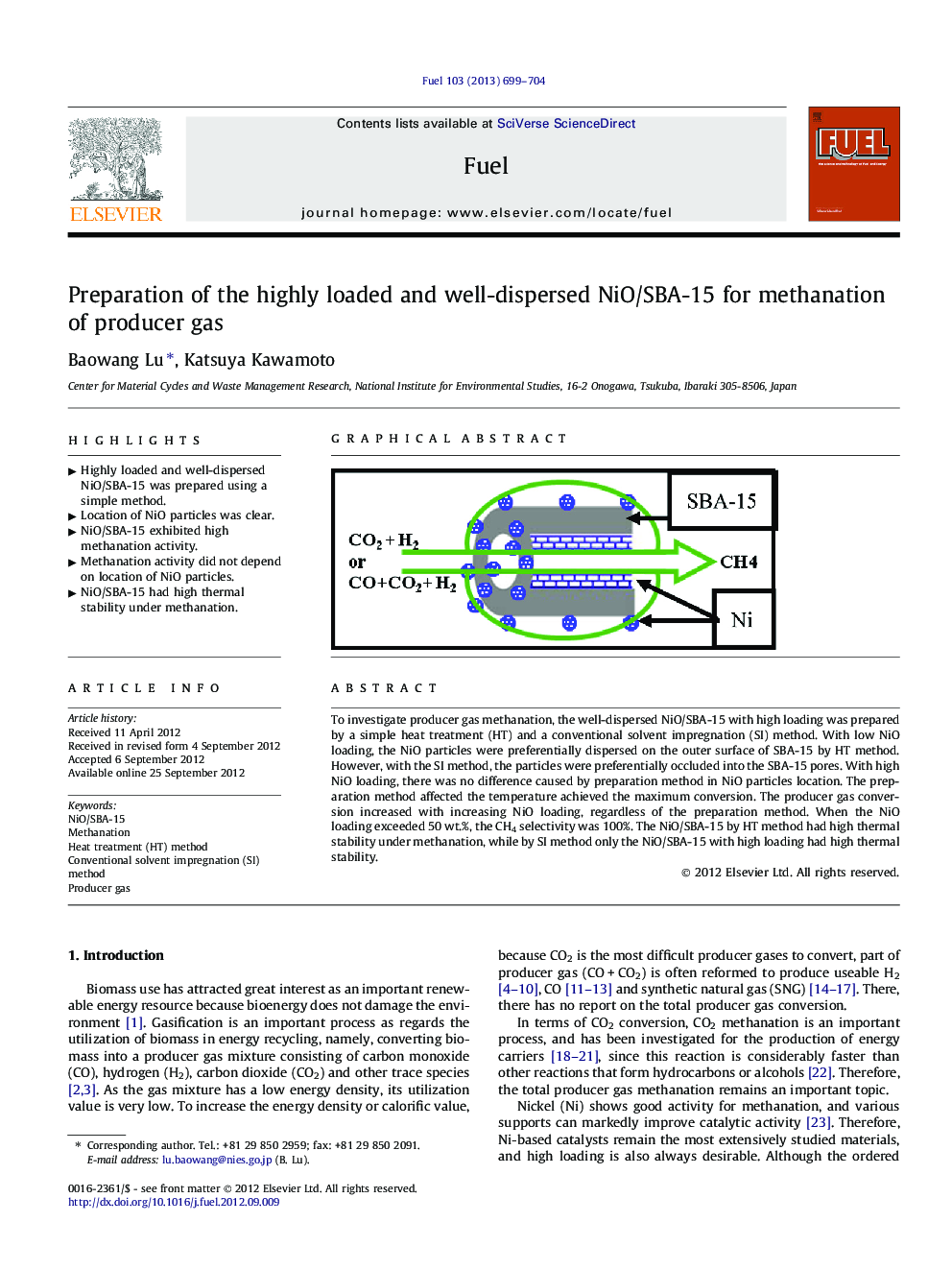 Preparation of the highly loaded and well-dispersed NiO/SBA-15 for methanation of producer gas