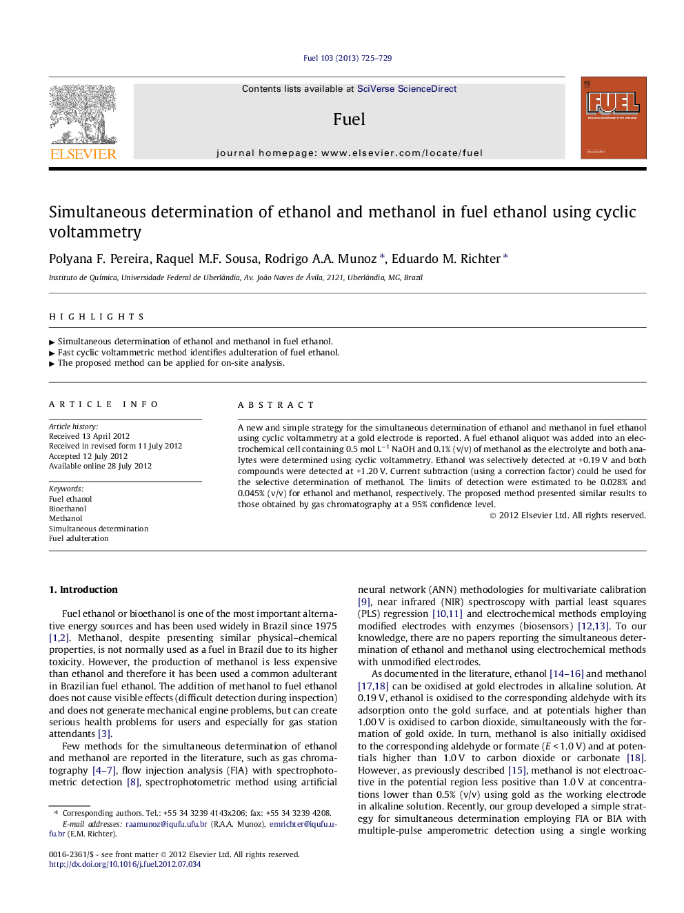 Simultaneous determination of ethanol and methanol in fuel ethanol using cyclic voltammetry