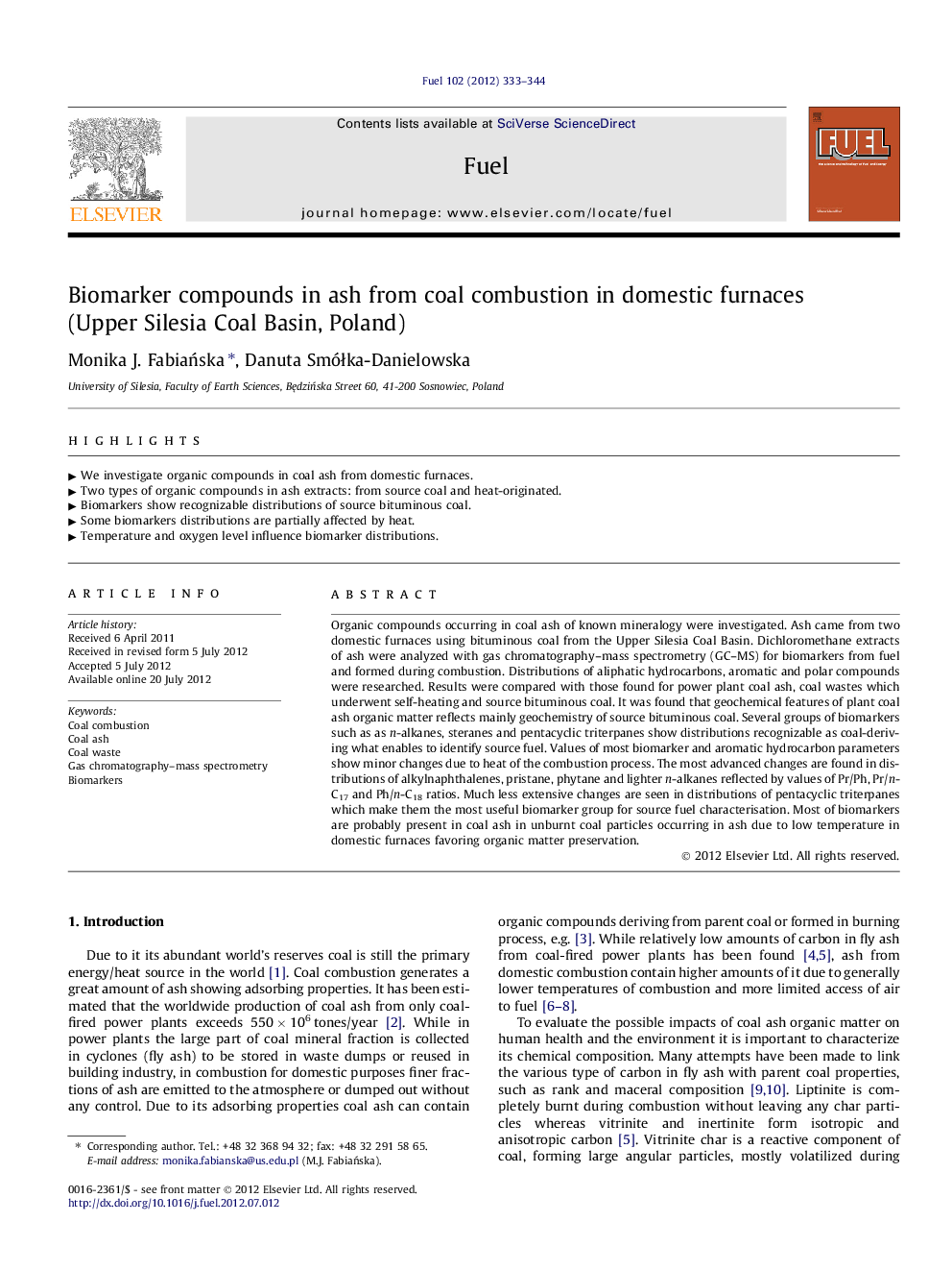 Biomarker compounds in ash from coal combustion in domestic furnaces (Upper Silesia Coal Basin, Poland)