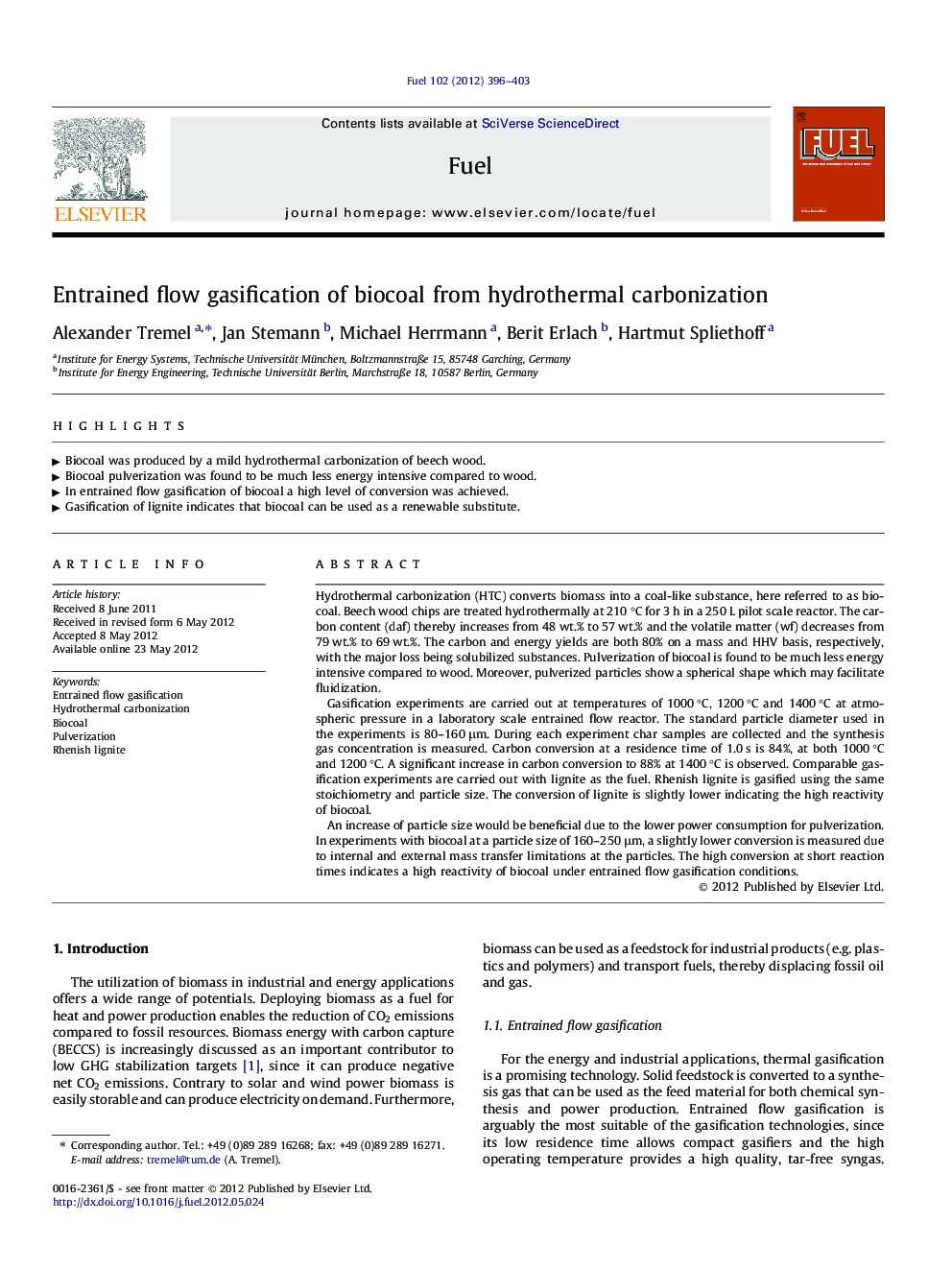 Entrained flow gasification of biocoal from hydrothermal carbonization