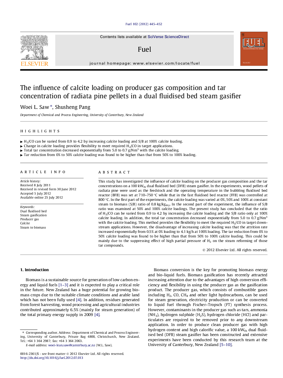 The influence of calcite loading on producer gas composition and tar concentration of radiata pine pellets in a dual fluidised bed steam gasifier