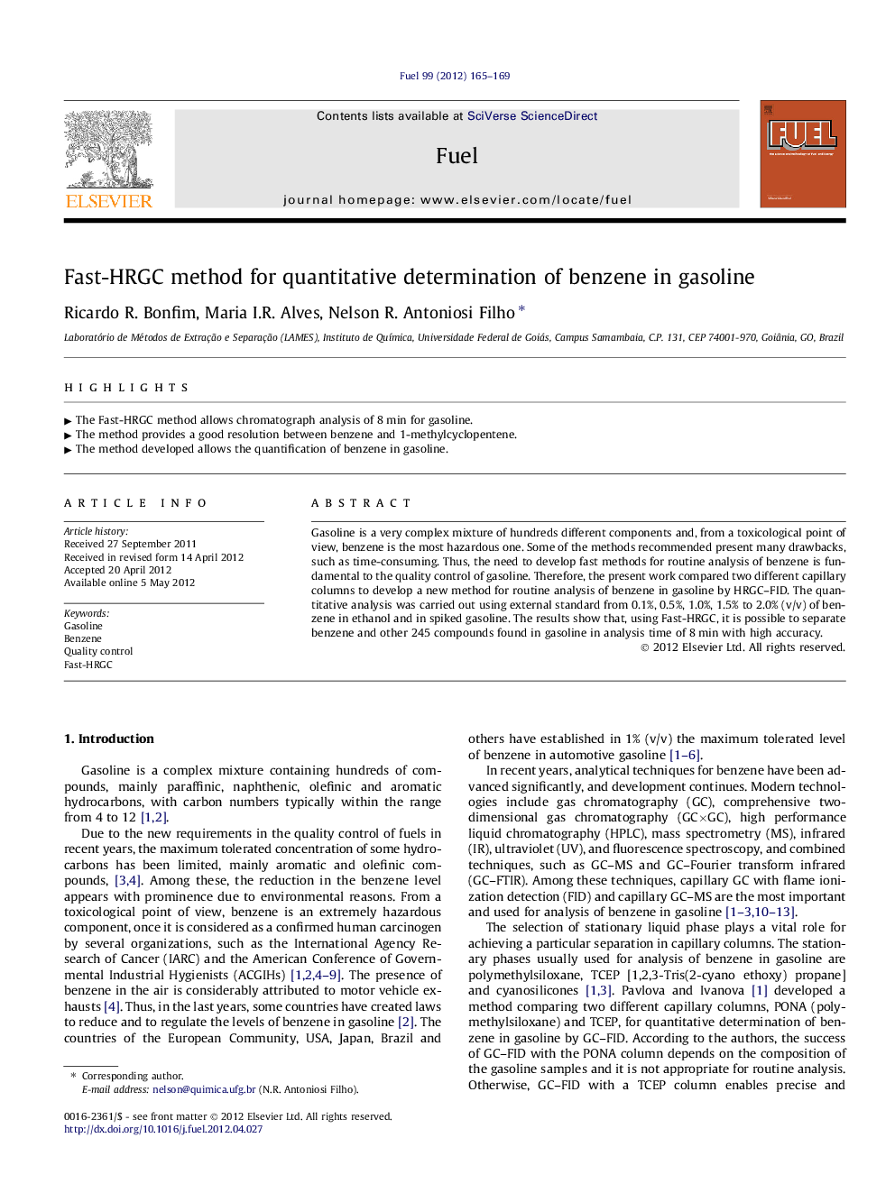 Fast-HRGC method for quantitative determination of benzene in gasoline