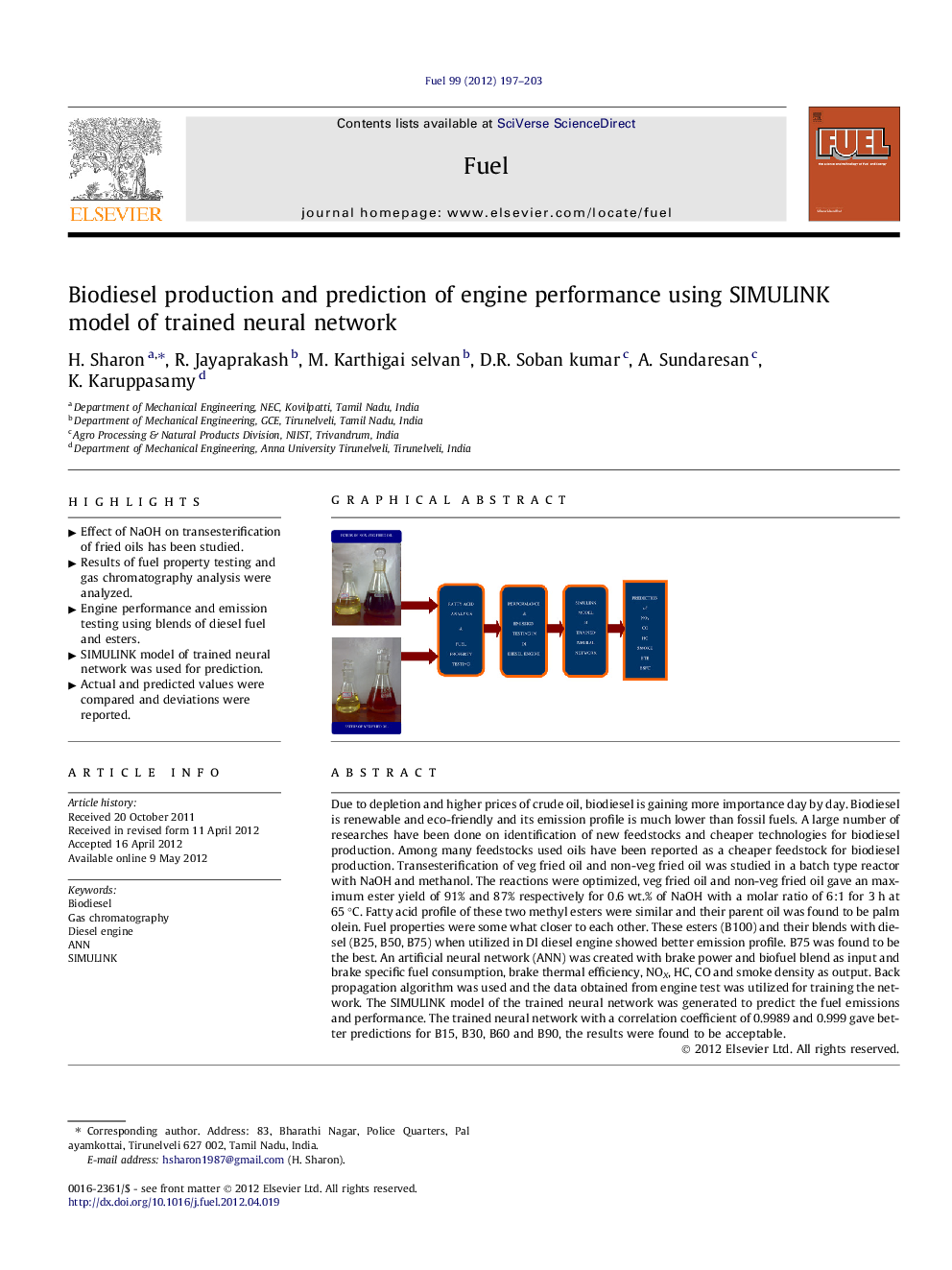 Biodiesel production and prediction of engine performance using SIMULINK model of trained neural network